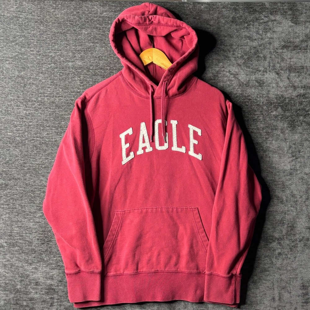 American Eagle Mens M Red Fleece Hoodie Eagle Applique Pullover Sweatshirt Y2K